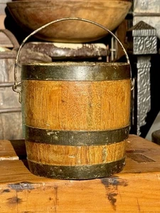 Primitive Small 6" Antique Wooden Paint Pail Barrel Bucket Metal Bands Rare - Picture 1 of 7