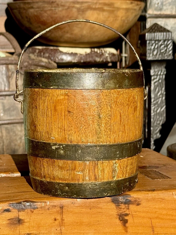 Primitive Small 6" Antique Wooden Paint Pail Barrel Bucket Metal Bands Rare - Image 1 of 4