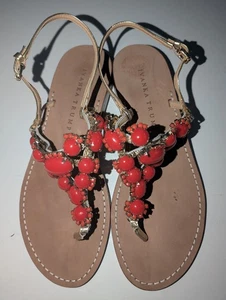 Sexy Ivanka Trump Red Coral Color Beaded Sandals 7.5 M Strap Flat Thong Elegant - Picture 1 of 5