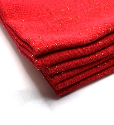 SET 6 TOVAGLIOLI VINTAGE in cotone rosso con fili di lurex oro - bordi nappati - 16" - Immagine 1 di 4