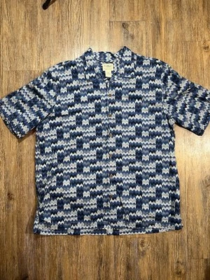 LL Bean Shirt Large Blue Short Sleeve Aztec Hawaiian Resprt Loop Collar Camp - Image 1 of 4