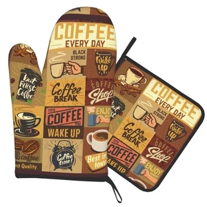 Brown Coffee Oven Mitt and Pot Holder Set Oven Glove for Kitchen Baking Cooki... - Picture 1 of 7
