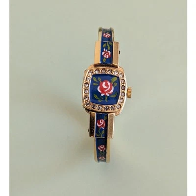 Reloj Chandler Vintage Tono Dorado Metal con Esmalte Azul Floral Foto 1 de 4