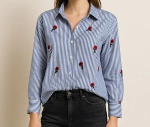 💙 Gibson Latimer Striped Floral Embroidered Cotton Office Preppy Blouse Size 3X - Picture 1 of 9