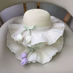 Summer Little Girl Sun Hat Princess Beach Sun Hat Big Brim Tulip Hat Bag Set - Picture 1 of 34