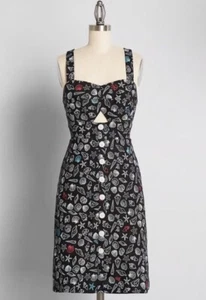 NWT MODCLOTH Seashore Shells Linen Fit & Flare Cutout Retro Black Dress Sz 16 - Picture 1 of 10
