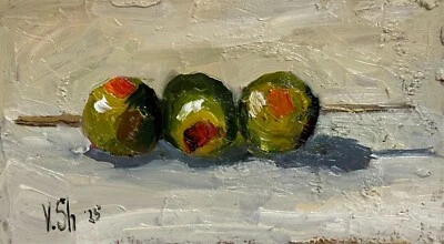 Original Oil Painting Three Olives Impressionism Signed Food Kitchen Artwork - image 1 of 4