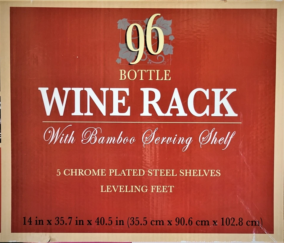 Estante para 96 botellas de vino - 5 estantes de acero cromado con estante para servir de bambú Foto 1 de 4