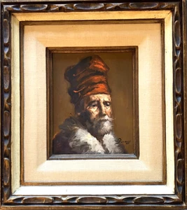 HAND PAINTED OIL ON CANVAS PAINTING OF PORTRAIT OF OLD MAN IN RED TURBAN FRAMED~ - Picture 1 of 12