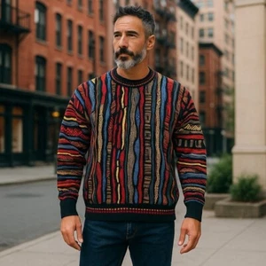 VTG 90s Roundtree & Yorke XL Multicolor Coogi-Style Crosby 3-D Textured Sweater - Picture 1 of 11
