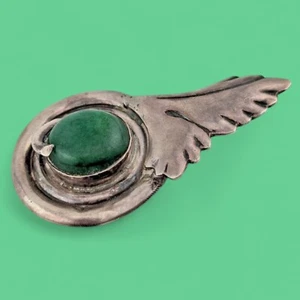 Vintage Sterling Silver Green Stone (Onyx?) Mexico Brooch Leaves 28g 925 pin B4 - Picture 1 of 7