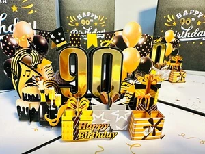 Origami Pop Cards 90th Golden Happy Birthday with Presents Cakes & Balloons Card - Picture 1 of 11