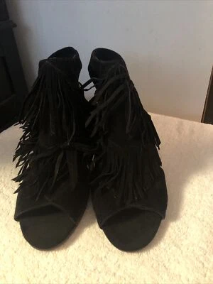 Sam Edelman Elaine Black Suede Fringe Peep Toe Bootie Size 8.5M - Image 1 of 4