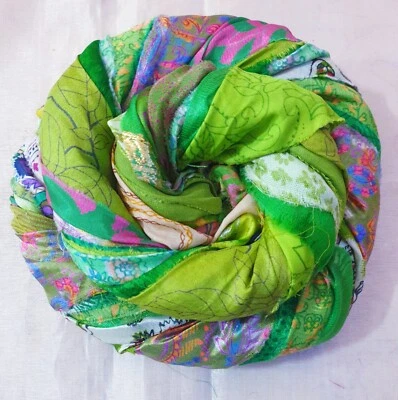 50 yard Unstitched Recycled ART Silk Sari Ribbon Yarn tassel Parrot Green DS306 - Image 1 of 4
