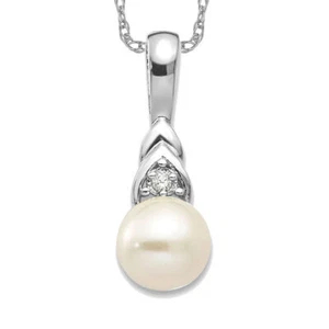 14K Solid White Gold Freshwater Cultured Pearl Diamond Necklace - Picture 1 of 12