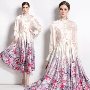 Glam Pink Vintage Silk Stand-Up Collar Long Sleeve Belted Renaissance Party Dres - Picture 1 of 6