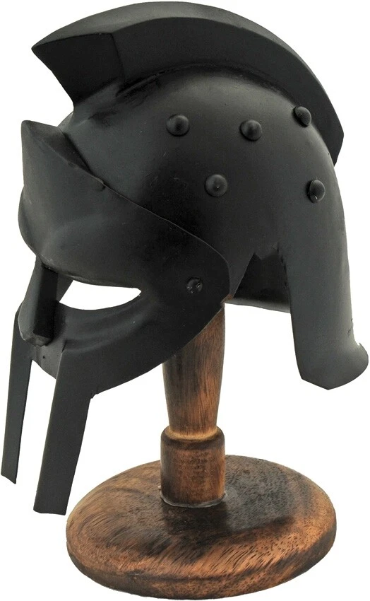 Mini Gladiator Helmet 8.5 " Black Finish W/ Wooden Stand 4.5" Diameter 230976