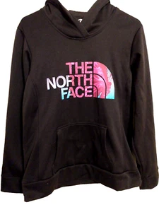 North Face Womens Large Black Pink Logo Hoodie Sweatshirt Pullover Pockets - Picture 1 of 3