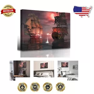 Pirate Ship Canvas Wall Art - Nautical Adventure Artwork 16x22 IN Ready to Hang - Picture 1 of 8