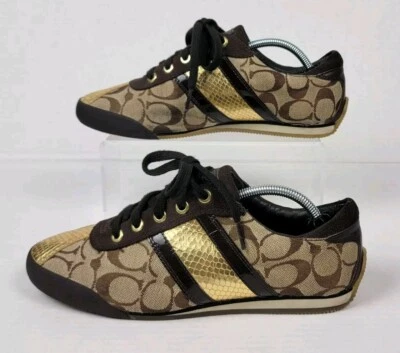 Zapatilla deportiva para mujer Coach Joss monograma logotipo dorado marrón talla 9M Foto 1 de 4