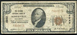 1929 10 $ DIE ZWEITE NB VON SOMERVILLE, NJ NATIONALE WÄHRUNG CH. #4942 - Bild 1 von 2