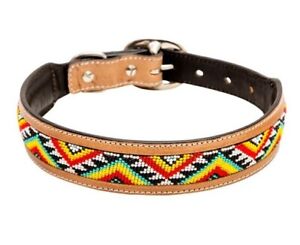 Myra LEATHER DOG COLLAR Hand Tooled Bonjour Brown Leather Aztec Bead Size- MED. 