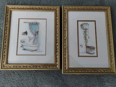 Peggy Abrams Bathroom Art Prints Framed Matted Gold Gild Frames 11x15 Set Of 2 - Image 1 of 4