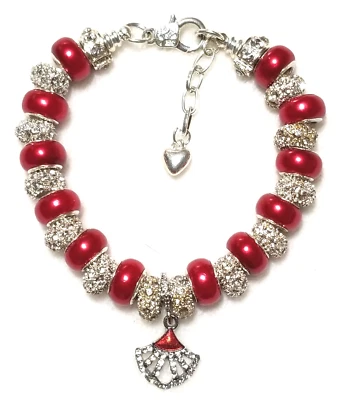 8.3" Hand Fan Charm Bracelet Murano Lampwork Glass Beads Rhinestone Spacers - Image 1 of 4