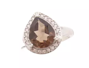 925 Sterling Silver Vintage Ring Drop Cut Smoky Quartz Halo Topaz Sz 7 RG29468 - Picture 1 of 8