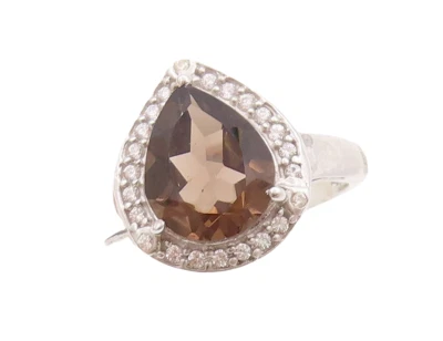 925 Sterling Silver Vintage Ring Drop Cut Smoky Quartz Halo Topaz  Sz 7  RG29468 - Image 1 of 4