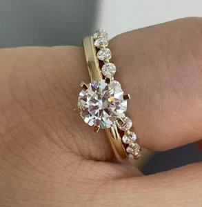 Dainty Diamond Ring Set Round Cut Lab Grown Diamond Wedding Set Eternity Band - Picture 1 of 8