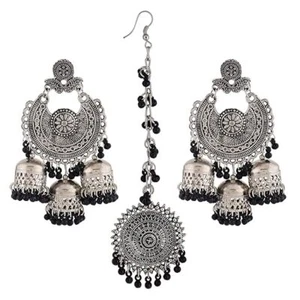 Último Juego de Pendientes Maang Tikka Jhumka Tradicionales Elegantes Plata Oxidada - Imagen 1 de 6