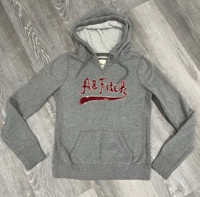 Abercrombie Hoodie Women’s L Gray Red A&Fitch Script Logo Velour Y2K Small Fit - Image 1 of 4