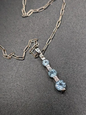 Collar colgante de cadena de plata de ley 925 y aguamarina pasado presente futuro 20 pulgadas Foto 1 de 4