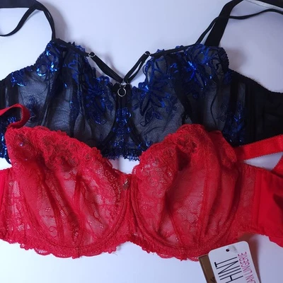 Sujetadores de encaje transparente 38DDD - Pack de 2. Sujetadores lencería europeos en negro/azul y rojo Foto 1 de 4