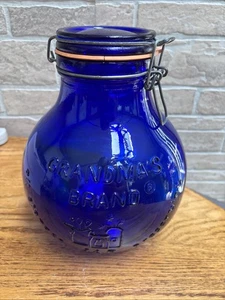 Vintage 1982 Cobalt Blue Glass Grandma's Brand All Storage Jar Preserving 10 " - Picture 1 of 9
