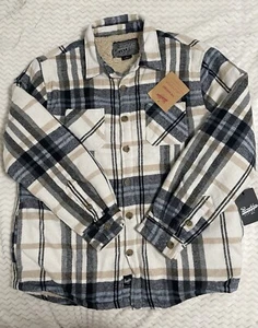Thick Long Sleeve Shirt Jacket Plaid Flannel Sherpa Lined Dark Blue, Cream Color - Picture 1 of 8