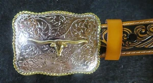 Leather Western Cowboy Belt with Big Longhorn Buckle & Hole Punch - NEW 44" - - Picture 1 of 8