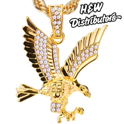 14k Gold Tone Iced Eagle Pendant – Bold Patriotic Bling Charm + 24" Rope Chain - Image 1 of 4
