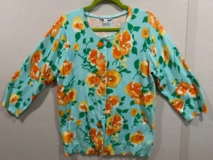 ISAAC MIZRAHI Sz L Light Blue Yellow Orange Floral 3/4 Sleeve Cardigan Sweater - Picture 1 of 7