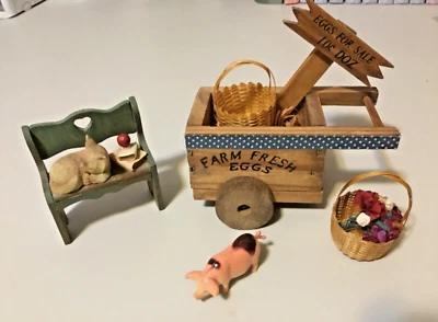 Dollhouse Miniature Wooden Hand Cart and cat on bench with 2  baskets - Image 1 of 4
