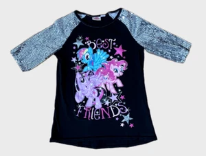 MY LITTLE PONY BLACK SHIRT WITH SILVER SPARKLY SLEEVES, GIRLS SIZE 8, PRE-OWNED - Picture 1 of 7
