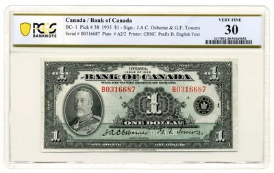 1935 $1 English, Bank of Canada, BC-1 Series B - Choice Very Fine, PCGS VF30 - Image 1 of 2