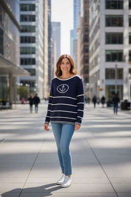 Suéter Pullover Jason Maxwell 00s Azul Marino Rayas Cuello Barco. Playa Foto 1 de 4