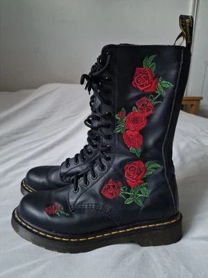 Dr. Martens 1914 Vonda Floral High Leather Boots 14 Hole Rose Black Retro Shoes  - Image 1 of 4