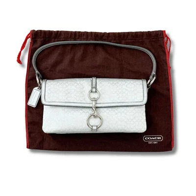 COACH Mini Signature Hook Demi Pouch Silver Blue Satin Leather 13×23×4cm NNBg35 - Image 1 of 4