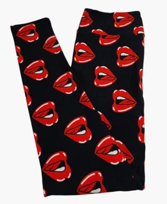 LuLaRoe Leggings OS One Size BLACK RED Colorful Mouth LIPS kiss Lipstick Novelty - Image 1 of 4