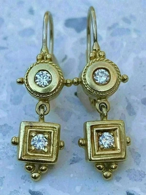 1Ct Round Lab-Created Diamond Women's Drop/Dangle Earring 14k Yellow Gold Plated - Image 1 of 4