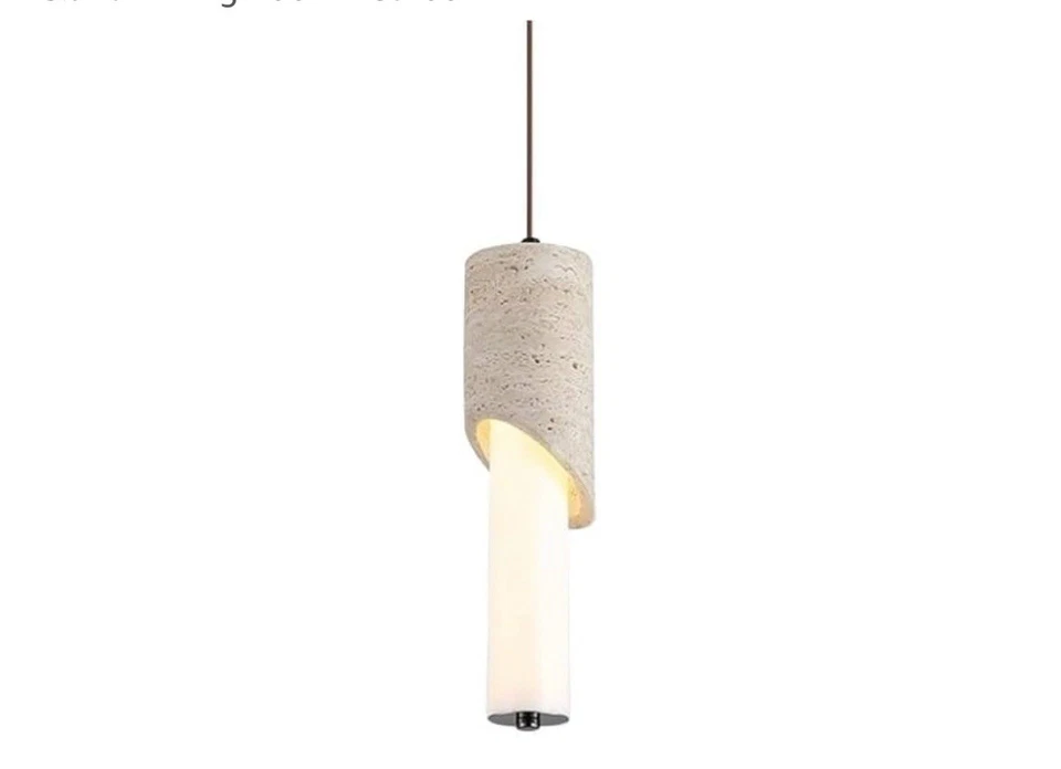 Modern Minimalist Travertine Cylinder Pendant Light, Natural & Acrylic Lamp - Image 1 of 4