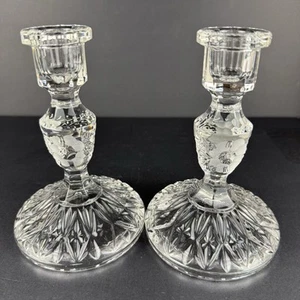 Pair Cambridge or Heisey? Elegant Glass Etched Floral 6" Candlesticks Victorian - Picture 1 of 15